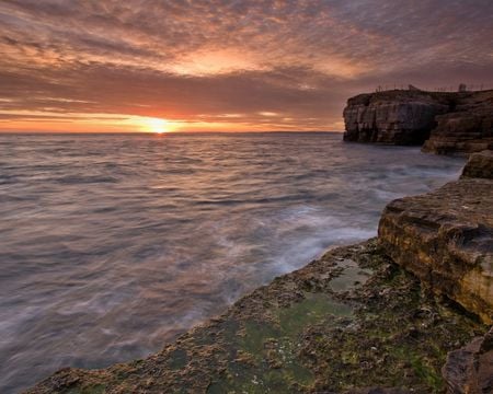 Sunset Coast - sunset, coast, ocean, rocks