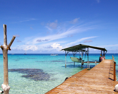 Just Another Day In Paradise - blue water, pier, beach, paradise, boat