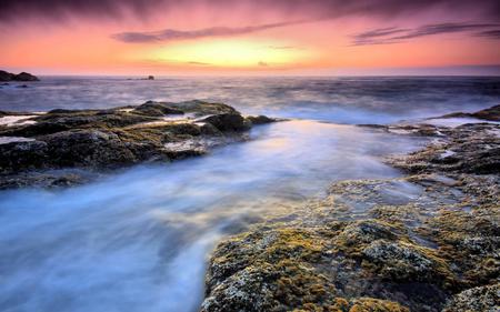 Coastal Waters - ocean, sunset, coast, rocks