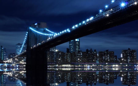 Bridge in USA - water, town, blue, night, light, buildings, dark, black, lake, bridge