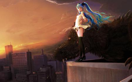 Hatsune Miku & a Dragon - horizon, aqua, hot, thighhighs, music, sunset, anime girl, white, cool, dark, dragon, aqua eyes, hatsune miku, sexy, song, buildings, skyscrapers, vocaloids, program, vocaloid, beautiful, diva, beauty, nice, sky, twintail, singer, aqua hair, black, virtual, brown, pretty, beast, idol, white clouds, clouds, mythical, anime, orange, miku, cute, girl, night, hatsune, creature, city, awesome