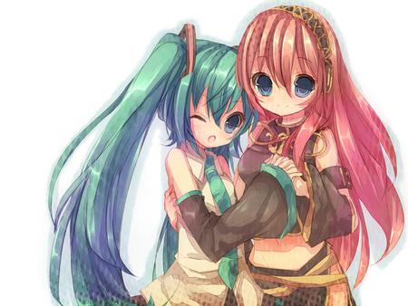 Hatsune Miku & Megurine Luka - tie, pretty, pink, luka, uniform, headphones, nice, program, kids, megurine, beauty, virtual, love, white, sisters, megurine luka, cute, aqua eyes, song, vocaloid, anime, blue, twintail, hatsune miku, microphone, music, aqua, chibi, hug, pink hair, singers, idol, anime girl, skirt, beautiful, girl, cool, black, miku, awesome, diva, aqua hair, little, hatsune, vocaloids, headset