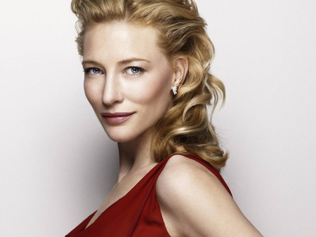 Cate Blanchet - actress, red dress, female, blue eyes, long hair, blond, smile, cute face