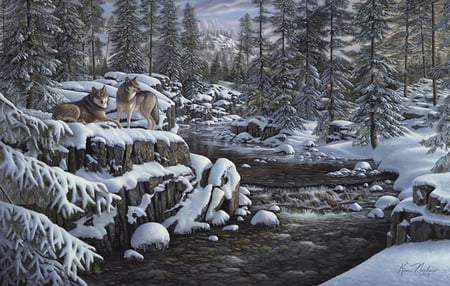 Winter�s Glory - winter, wolf, snow, stream, forest