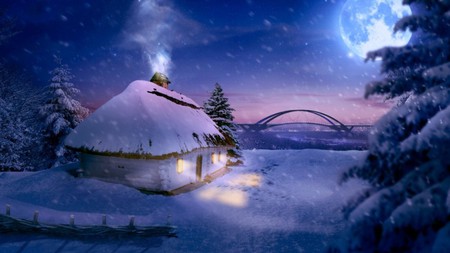 Winterid_3_House - forest, winter, moon, house, snow