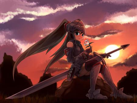 Warrior Miku - aqua, hot, tree stump, sun, thighhighs, music, knight, sunset, anime girl, white, cool, aqua eyes, hatsune miku, sexy, skirt, warrior, song, swordsman, vocaloids, program, vocaloid, beautiful, diva, beauty, nice, sky, twintail, aqua hair, singer, armor, black, virtual, pretty, idol, white clouds, clouds, anime, orange, green, sword, miku, cute, girl, hatsune, tie, awesome, lights, flower