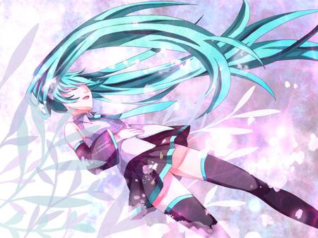 Hatsune Miku - aqua, hot, headset, thighhighs, music, anime girl, white, cool, aqua eyes, hatsune miku, skirt, sexy, light, song, vocaloids, glow, program, vocaloid, beautiful, uniform, diva, nice, beauty, twintail, singer, aqua hair, black, virtual, pretty, idol, anime, miku, cute, girl, feathers, hatsune, microphone, headphones, tie, awesome