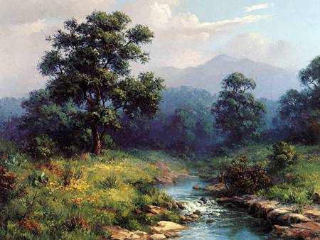 A Country Stream - stream, tree, art, mountain