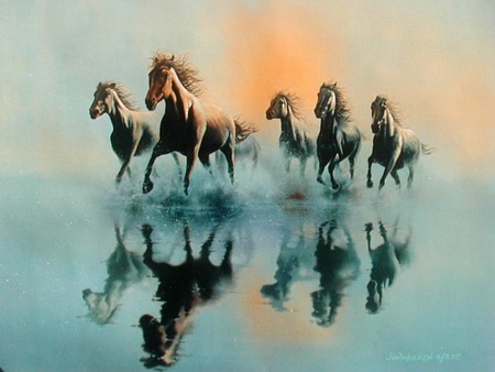 Against_the_Wind - lake, art, horse, mirror