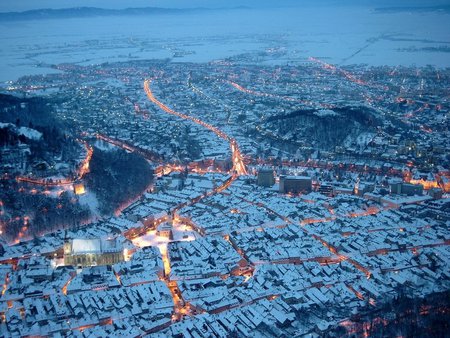 Brasov in winter - roads, houses, lights, snow