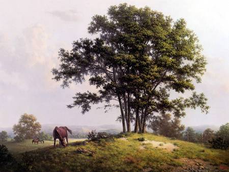 Companions In Nature - tree, horse, green, art