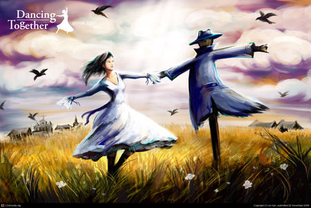 Dancing together - bird, girl, field, scarecrow