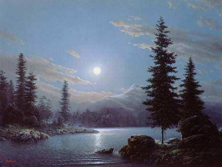 Embraced By Moonlight - moon, mount, lake, forest