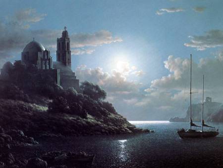 Enduring Refuge - moon, sea, castle, ship