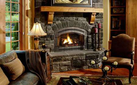 Fireplace - beautiful, window, lamp, sitting place, stone fireplace, big candles, chear, fire, painting, living room