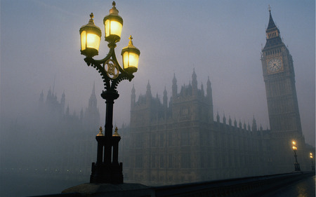 Misty London - england, latern, fog, london, westminster palace, the houses of parliament