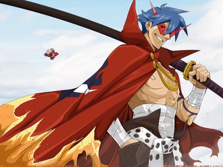 Learn to Fly - clouds, anime, cape, sword, cool, gurren, simon, kamina, badass, glasses, awesome, fire, gurren lagenn, flames, sky