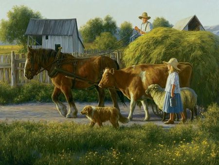 Dad And I - farm, fence, haying, cow, girl, work, lamb, road, country, pail, horses, father, dog, wagon, chores, shed