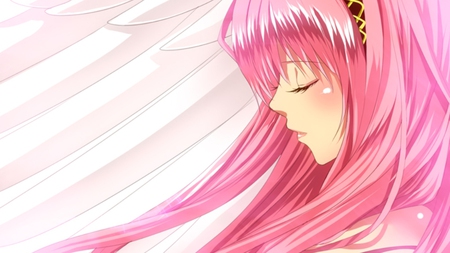 Angel Luka - pretty, angel, pink, luka, headphones, nice, angeloid, program, hot, megurine, beauty, virtual, white, wings, megurine luka, cute, feathers, song, sexy, vocaloid, anime, majestic, music, pink hair, idol, anime girl, beautiful, singer, girl, blush, cool, awesome, diva, white wings, vocaloids, headset