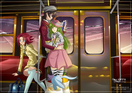 Crossing Boundaries - train, thinghhighs, lelouch, cc, green hair, kallen, code geass, snow