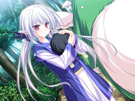 Suzu - red eyes, game cg, animal, blush, white hair