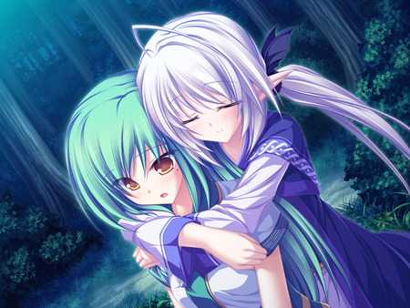 yoshika and suzu - elf, yellow eyes, trees, whie hair, aqua hair, game cg, suzu