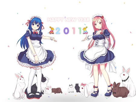 happy 2011 anime style - girls, pet, anime, 2011, colors