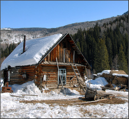 winter cabin - mountains, winter, woods, cabin, snow