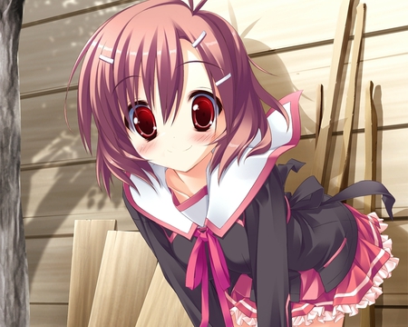 game cg - short hair, skirt, brown hair, red eyes, game cg