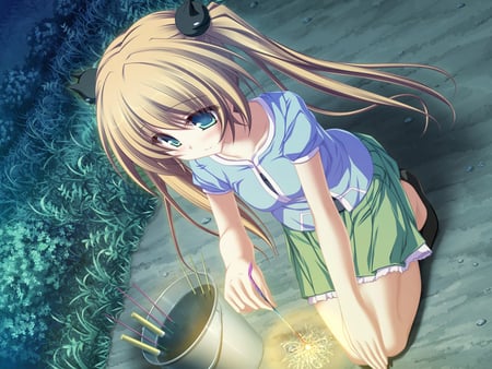 campin - game cg, skirt, twintails, night, aqua eyes, fireworks, brown hair