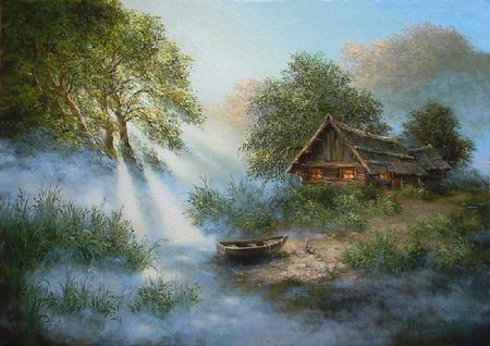 Light beams - sky, trees, cabin, pond, boat