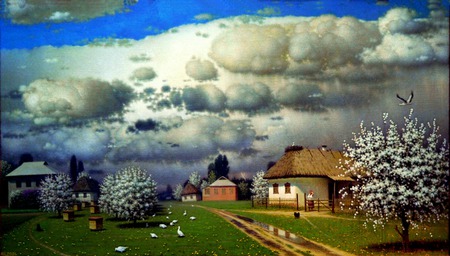 The Approach - woman, houses, ducks, trees, dog, clouds, road, storm