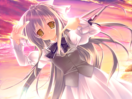 mornings picture - clouds, kiss x demon, yellow eyes, dress, blush, long hair, white hair, game cg