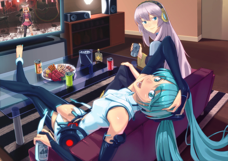 Miku And Luka Chillin' - luka, teal, hatsune, pink, anime, food, miku, megurine, relax, pop