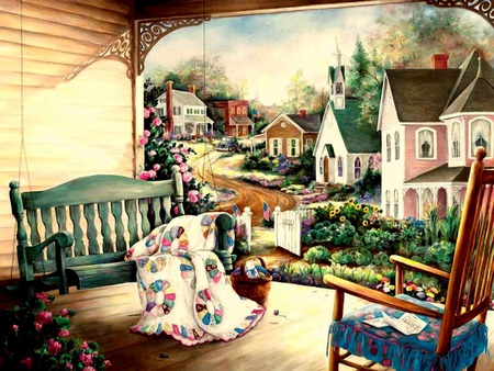 Meet Me There - rocking shair, porch swing, bushes, flowers, street, quilt, swing, porch, houses