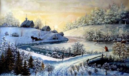 Winter's Eve - trees, horse, snow, winter, pond, bridge, barn