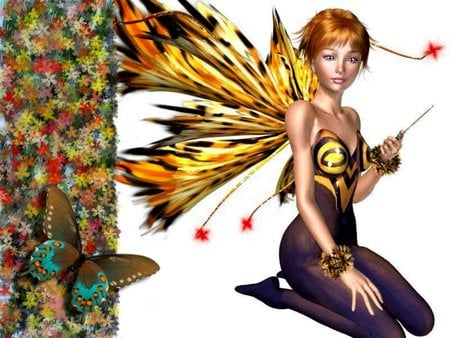 BEE FAIRY - butterfly, flowers, bee, fairy, female