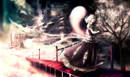 Youmu Konpaku - ghost, anime, spirit, paintings, dress, night, touhou, lady, sakura tree, youmu konpaku, tohou collection, castle, silver hair