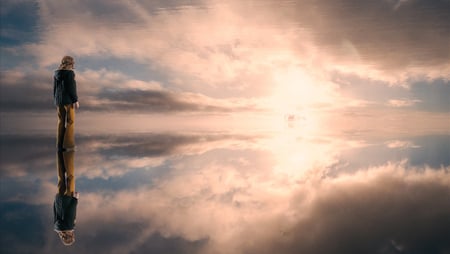 As in a Dream - water, blue, towards, girl, light, reflection, fantasy, surreal, cloud, glass