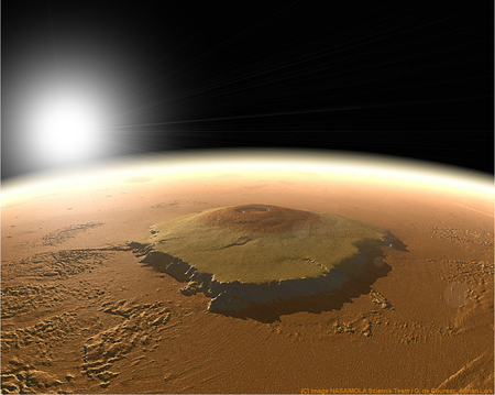 Mars, Olympus Mons - brow red, mountain, sun, atmosphere, black, space, white spot, volcano, planet