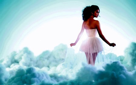 In the clouds - sky, woman, white dress, clouds