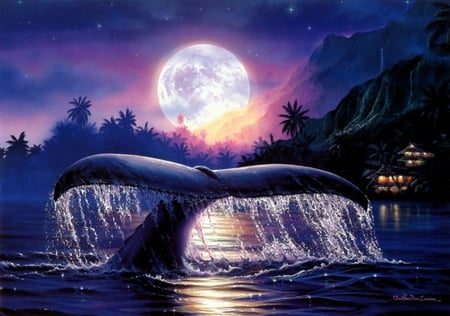 Ancient Mysteries - moon, whale, night, ocean