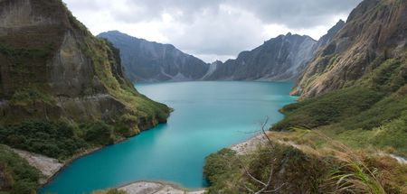 Pinatubo Crater Lake - vegetation, clouds, blue green, crater, lake, mountains, sky