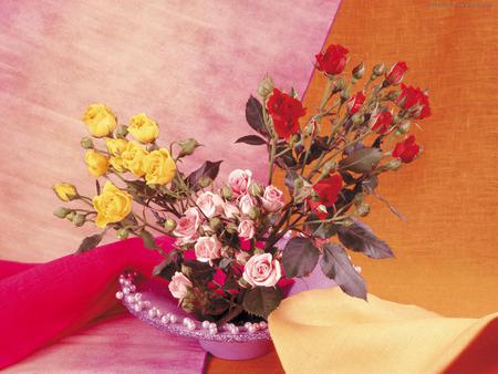 roses arrangement - roses, yellow, arrangement, beautiful, red, pink, bowle