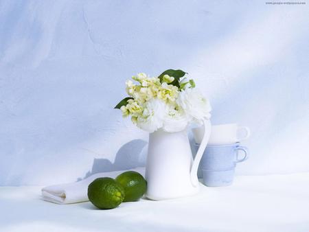 still life 1 - flowers, vase, white, blue, beautiful, green, teacups, lemons