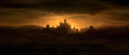 Foreboding Castle - clouds, yellow, foreboding, towers, orange, darkness, castle, ominous