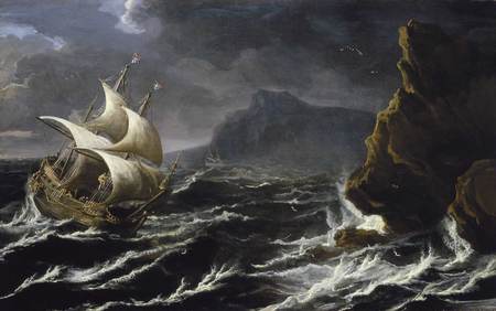 Dangerous Cliffs - storm, clouds, wind, danger, cliffs, waves, sails, sailing ship