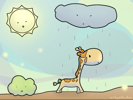 Sweet painting giraffe - painting, cloud, rain, sun, plant, giraffe