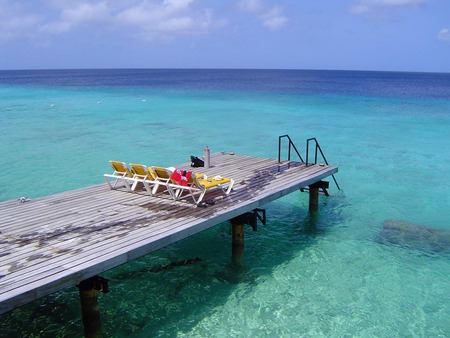 Perfect Place For A Tan - chairs, blue sea, ocean, dock