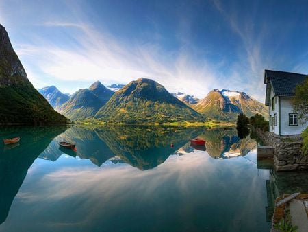 Solitude - lake, reflection, boats, mountains, house